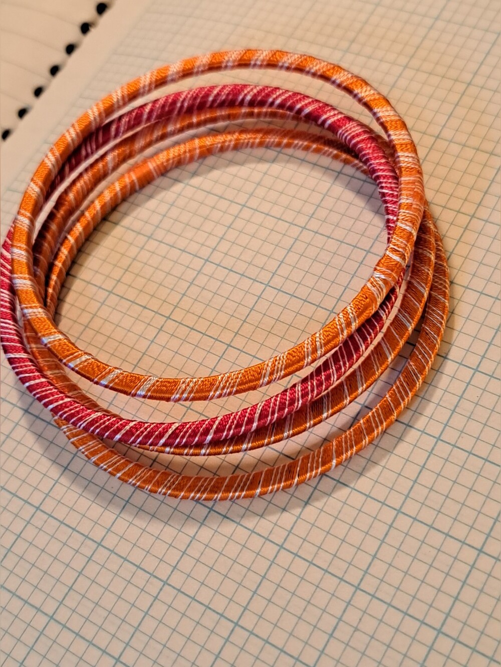 Handwoven Orange and Red Thread Wrap Bangle Bracelets Set